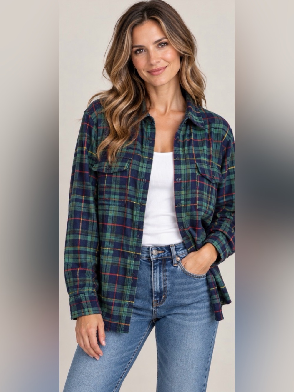 Goodfellow & Co. Women's Blue Green Button Down Plaid Long Sleeve Shirt XL
